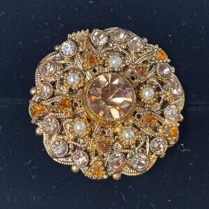 Brooch Pin Pendant Glass Filigree Round Yellow Fashion Costume from Austria